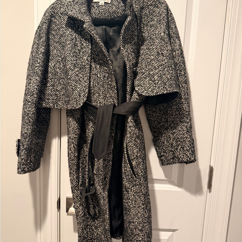 Carven Black and White Textured Wool Coat with Belt